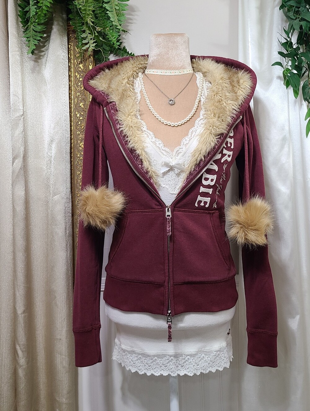 Vintage Abercrombie ♡ Y2K ♡ Faux Fur Lining Hoodie Double Zip Pompom Jacket